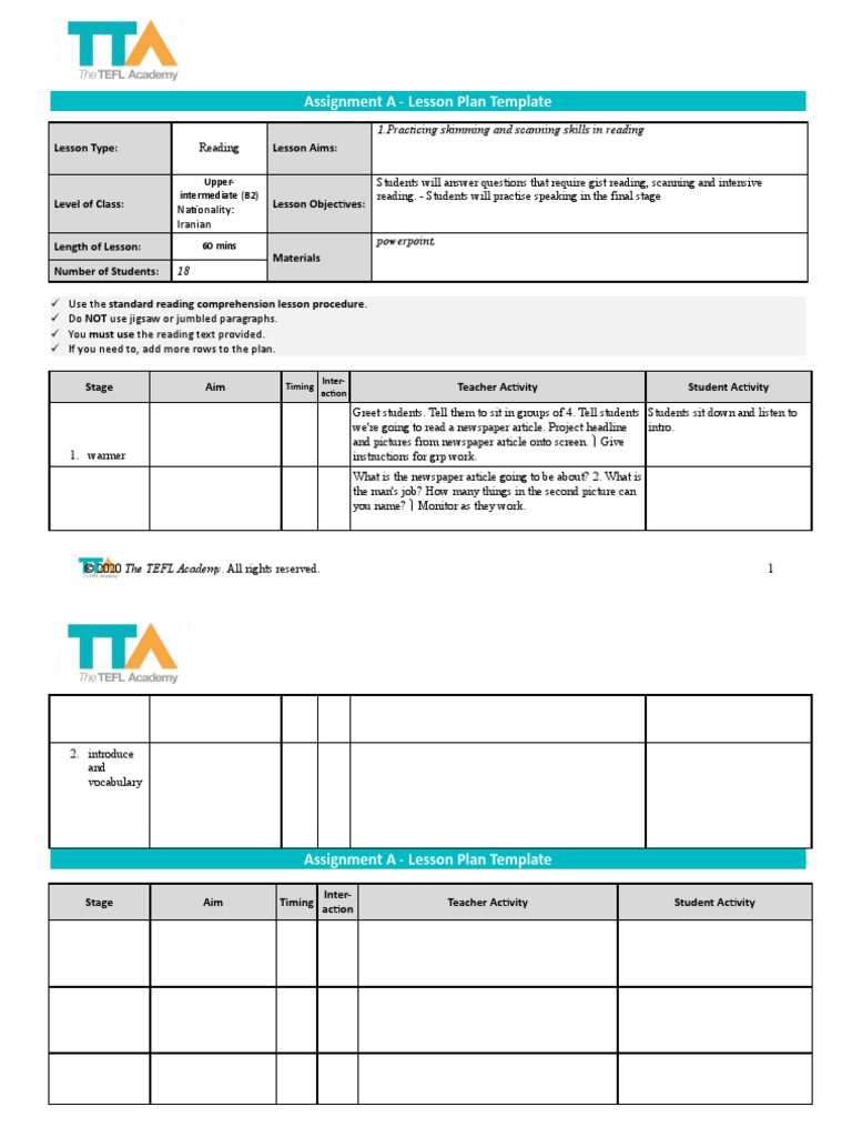 Assignment A - Lesson Plan Template: 1.practicing Skimming and Scanning ...