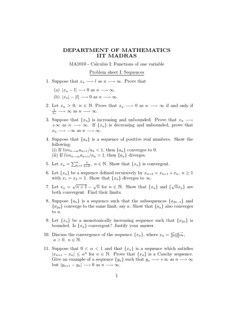 MA101-problem Sheet-1 | PDF | Sequence | Limit (Mathematics)