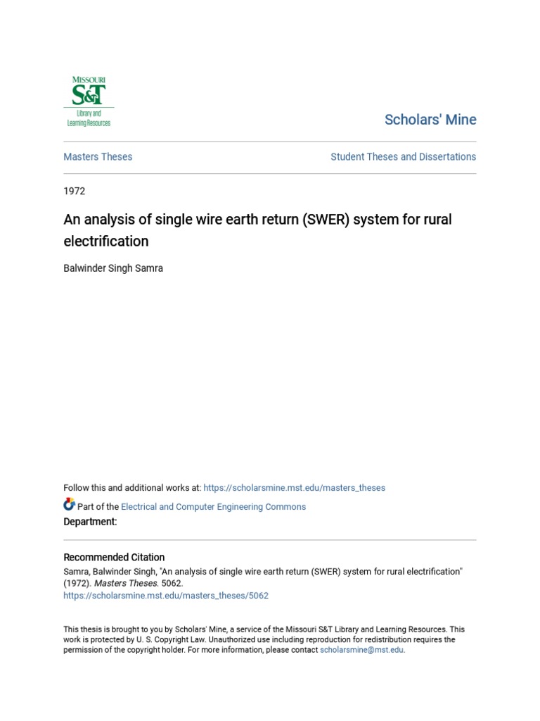 An Analysis of Single Wire Earth Return (SWER) System For Rural e PDF