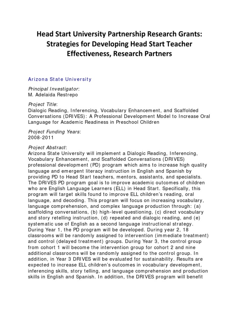 Head Start University Partnership Research Grants Strategies For PDF
