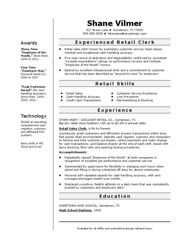 Sample Resume Retail Clerk | PDF | Point Of Sale | Retail