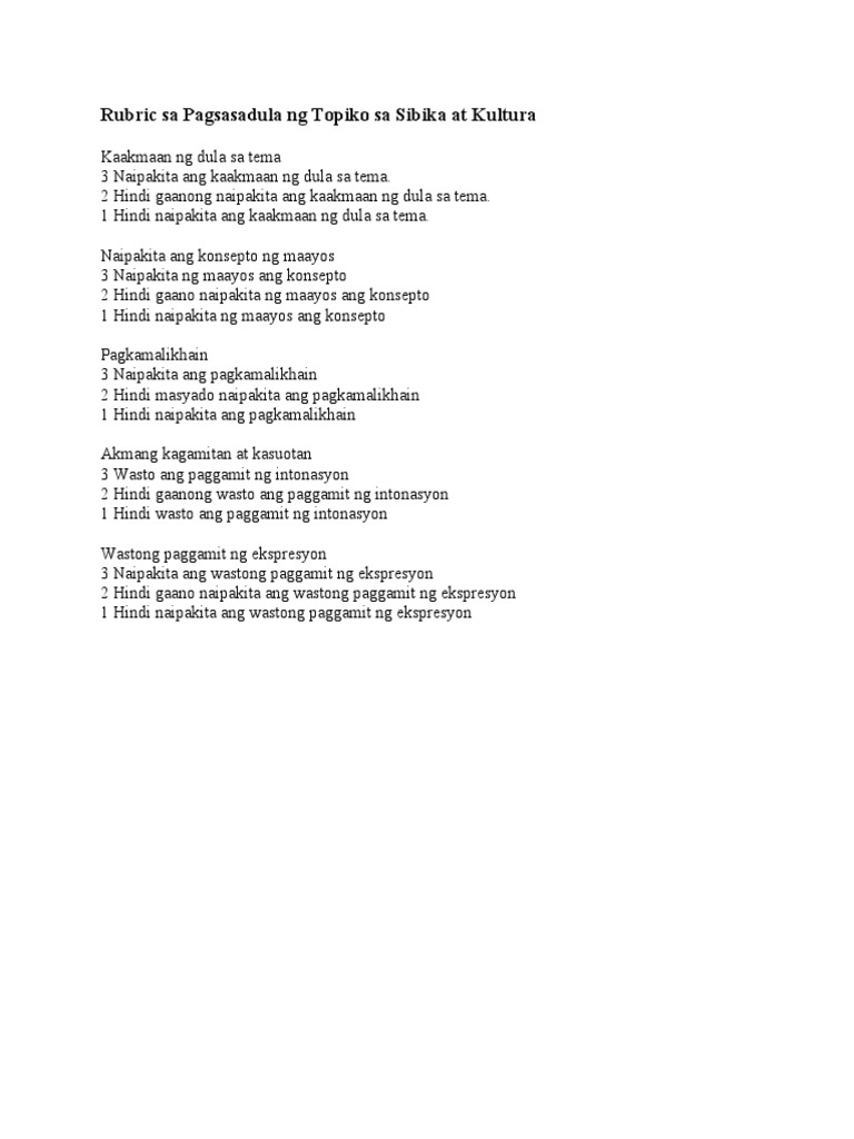 Rubric Sa Pagsasadula NG Topiko Sa Sibika at Kultura | PDF