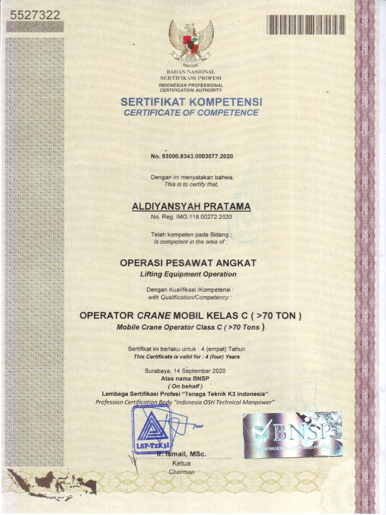 Certificate of Competence for Crane Operator | PDF