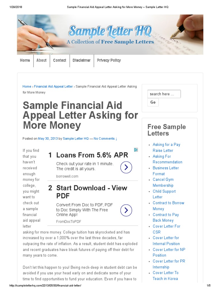 Sample Financial Aid Appeal Letter Asking For More Money Sample