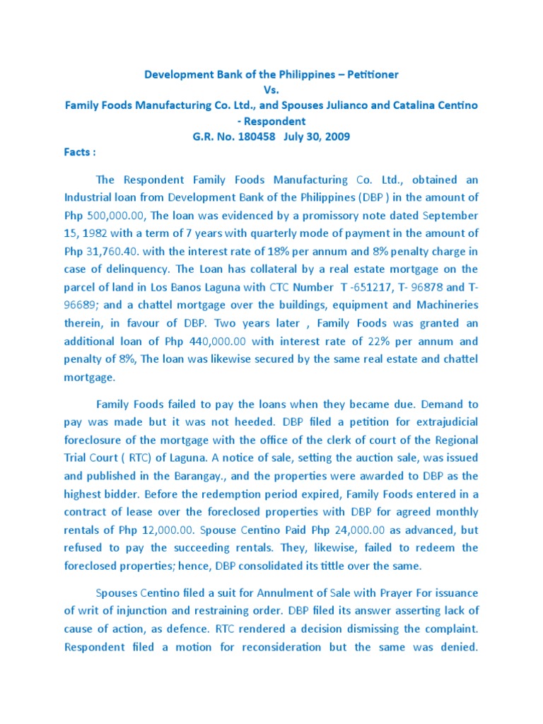 DBP vs. Family Foods: Loan Foreclosure Case | PDF | Foreclosure | Pleading