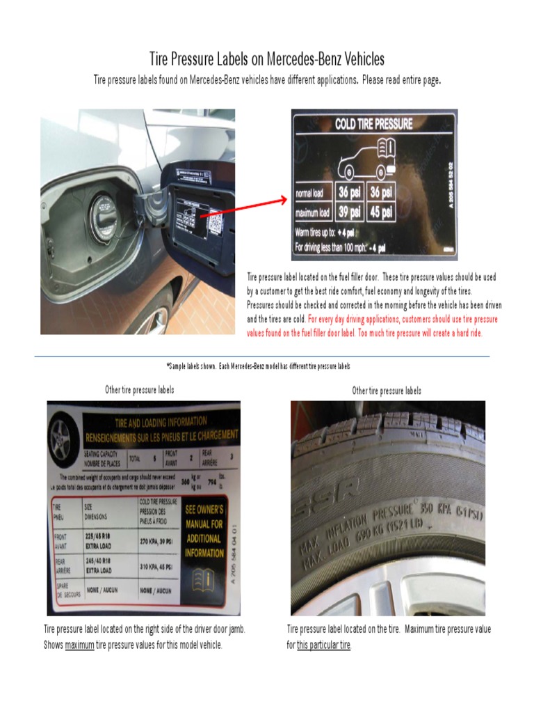 Tire Pressure Labels On Mercedes-Benz Vehicles | PDF