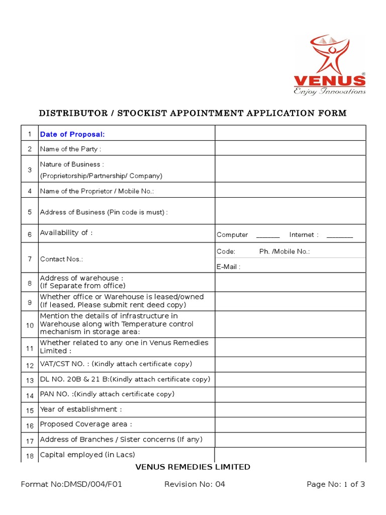 DistributorStockist Appointment Application Form PDF PDF Economies