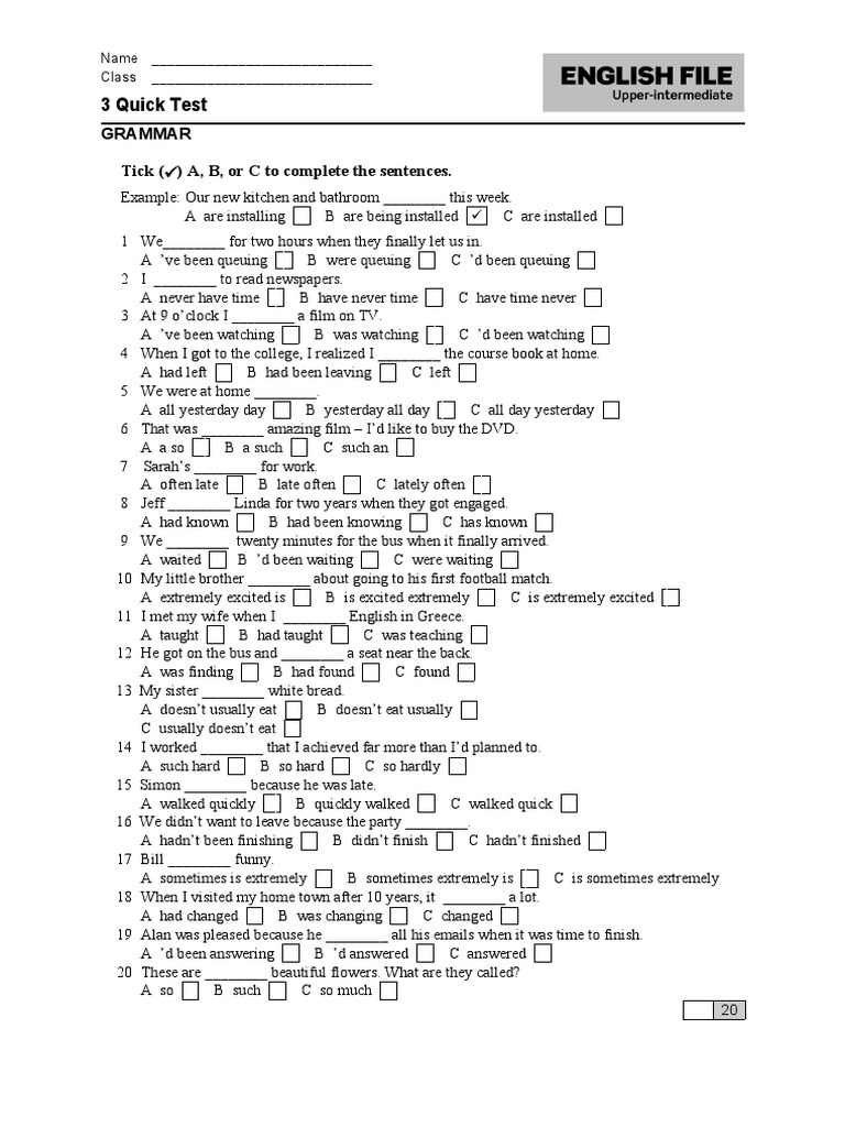 3 Quick Test Grammar Tick ( ) A, B, or C To Complete The Sentences