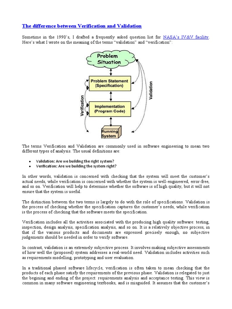 The Difference Between Verification and Validation: NASA's IV&V ...