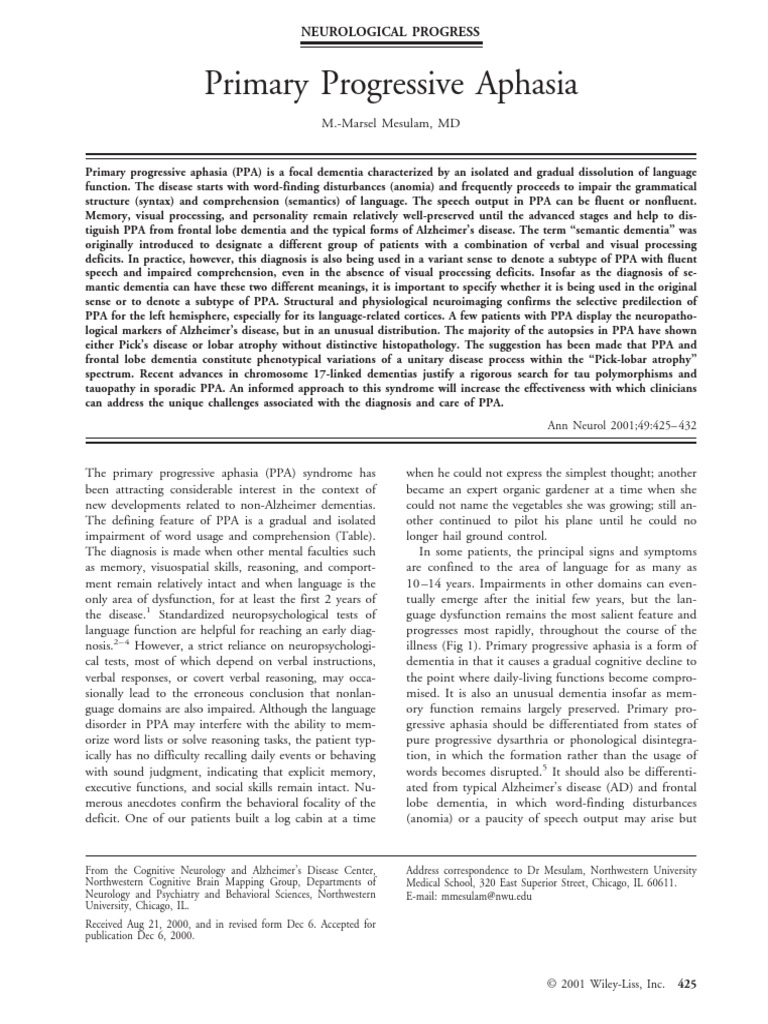 Primary Progressive Aphasia: Neurological Progress | PDF | Aphasia ...