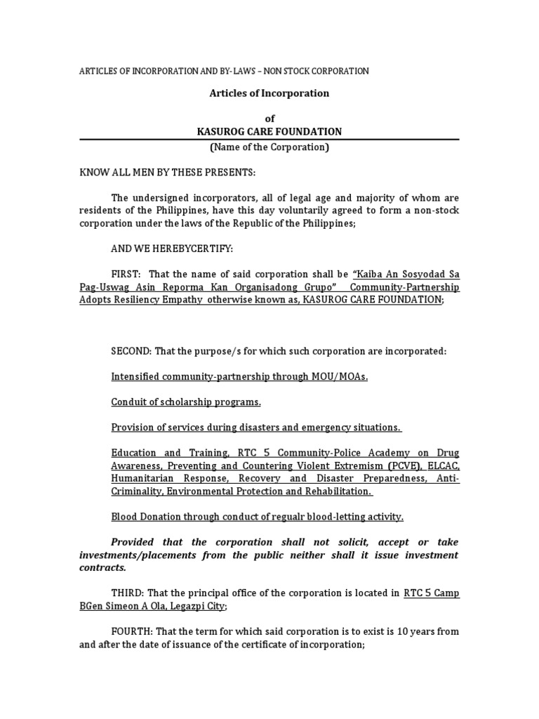 Articles of Incorporation of Kasurog Care Foundation | PDF | Proxy ...