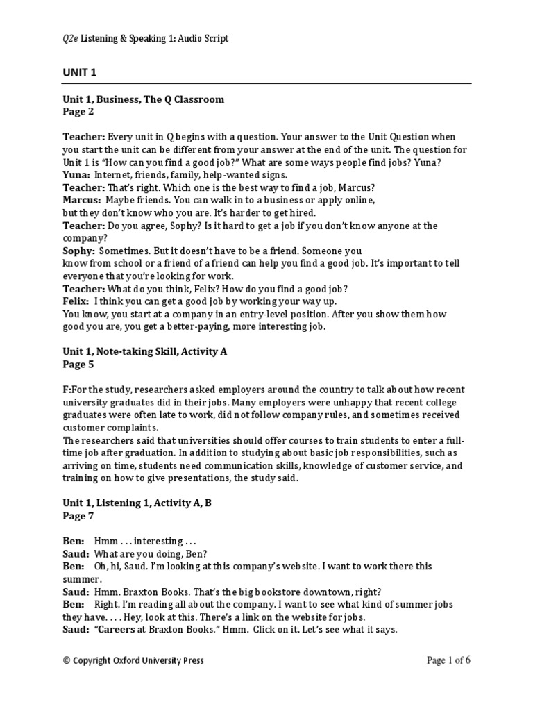 Unit 1: Q2e Listening & Speaking 1: Audio Script | PDF | Web