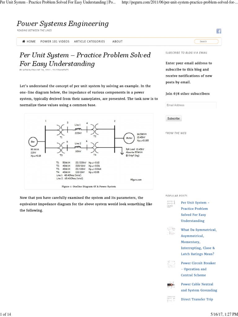 Per Unit System Practice Problems | PDF