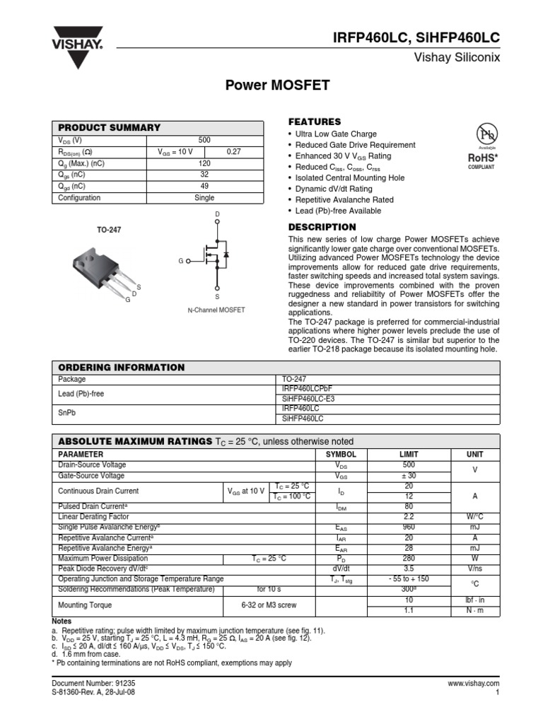 Irfp460Lc, Sihfp460Lc: Vishay Siliconix | PDF | Field Effect Transistor ...