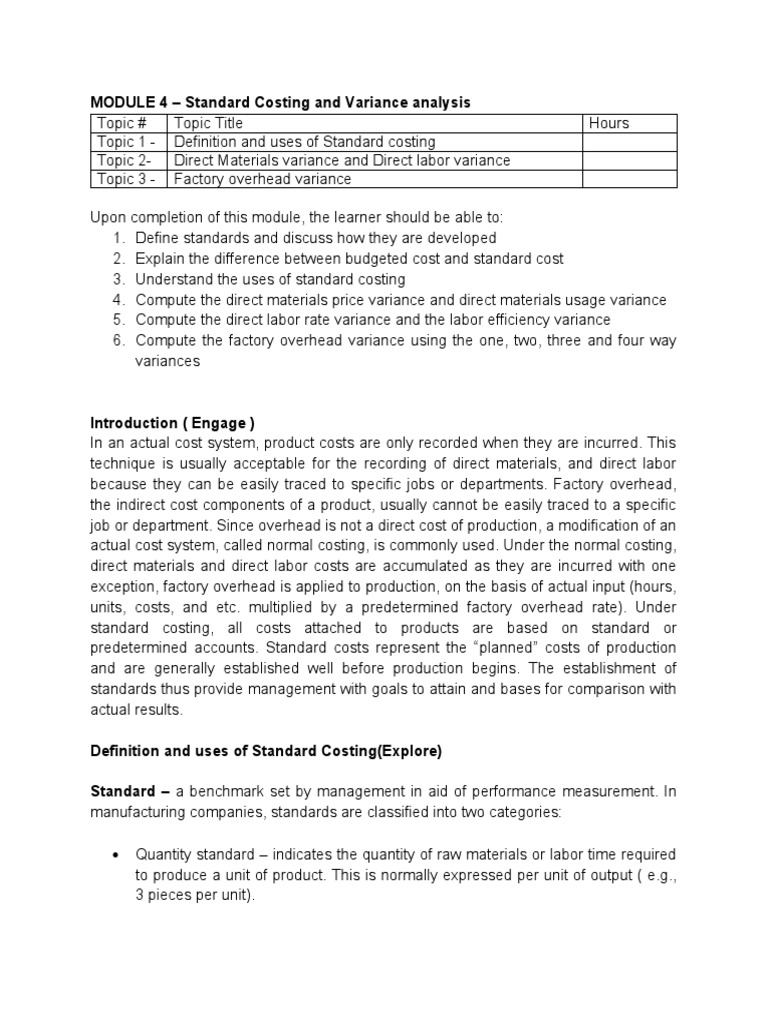 MODULE 4 - Standard Costing and Variance Analysis | PDF | Cost | Variance