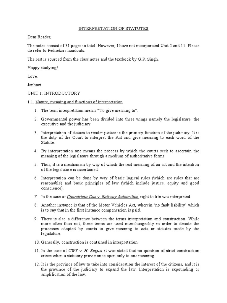 Interpretation of Statutes Notes For Exams PDF Statutory