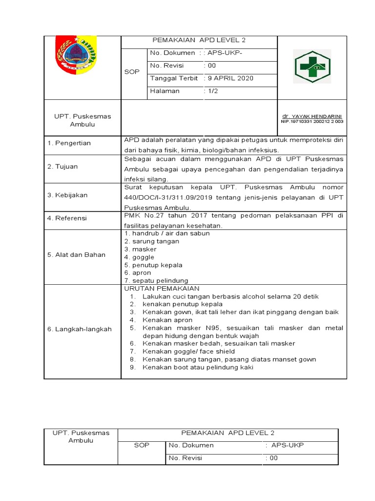 SOP Pemakaian APD Level 2 Puskesmas | PDF