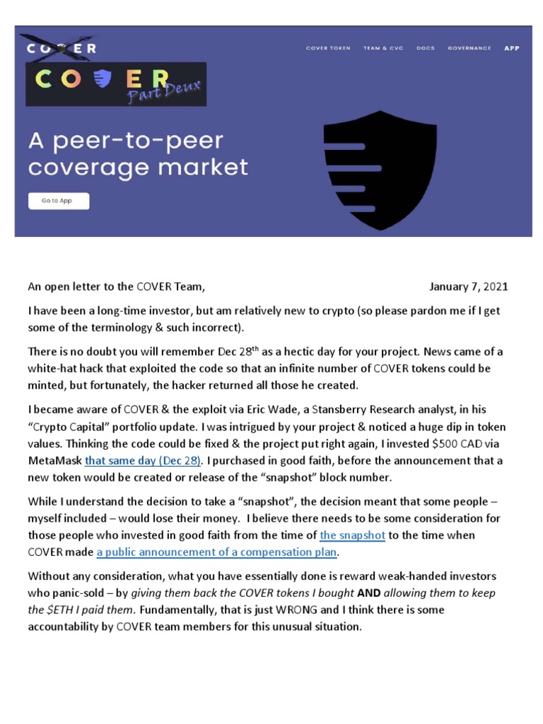 Cover Protocol Open Letter | PDF | Financial Economics | Business