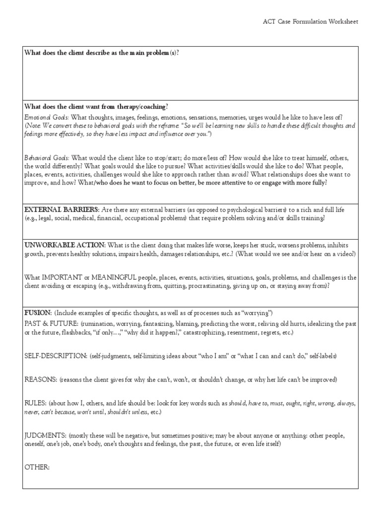 ACT Case Formulation Worksheet Guide | PDF | Feeling | Goal