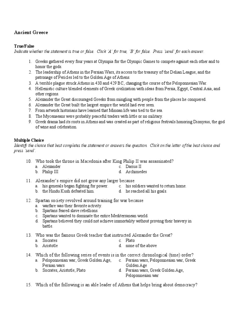 Ancient Greece Quiz: True/False & MCQ | PDF | Peloponnesian War ...