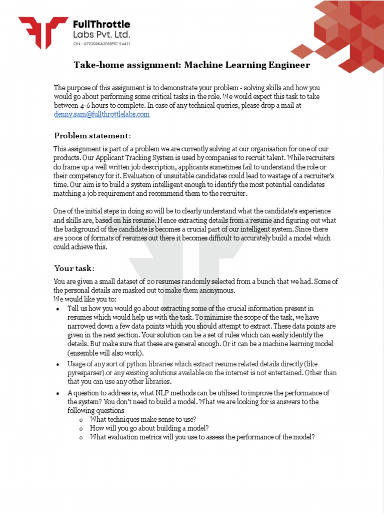 ML Engineer Take-Home Assignment | PDF | Résumé | Machine Learning