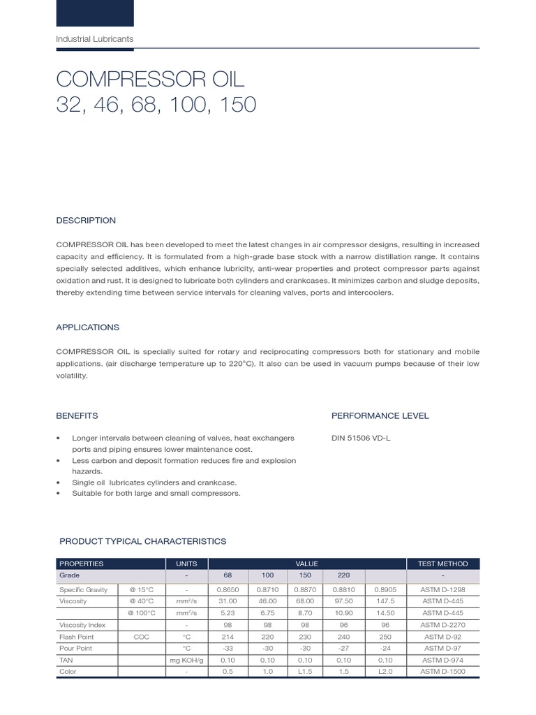 Compressor Oil Specifications and Benefits | PDF | Chemical Engineering ...