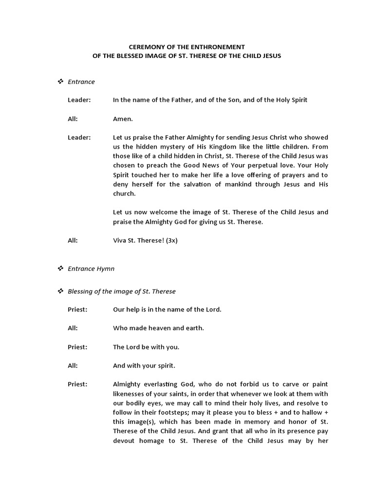 Enthronement Ceremony of St. Therese | PDF | God The Father | Lord's Prayer