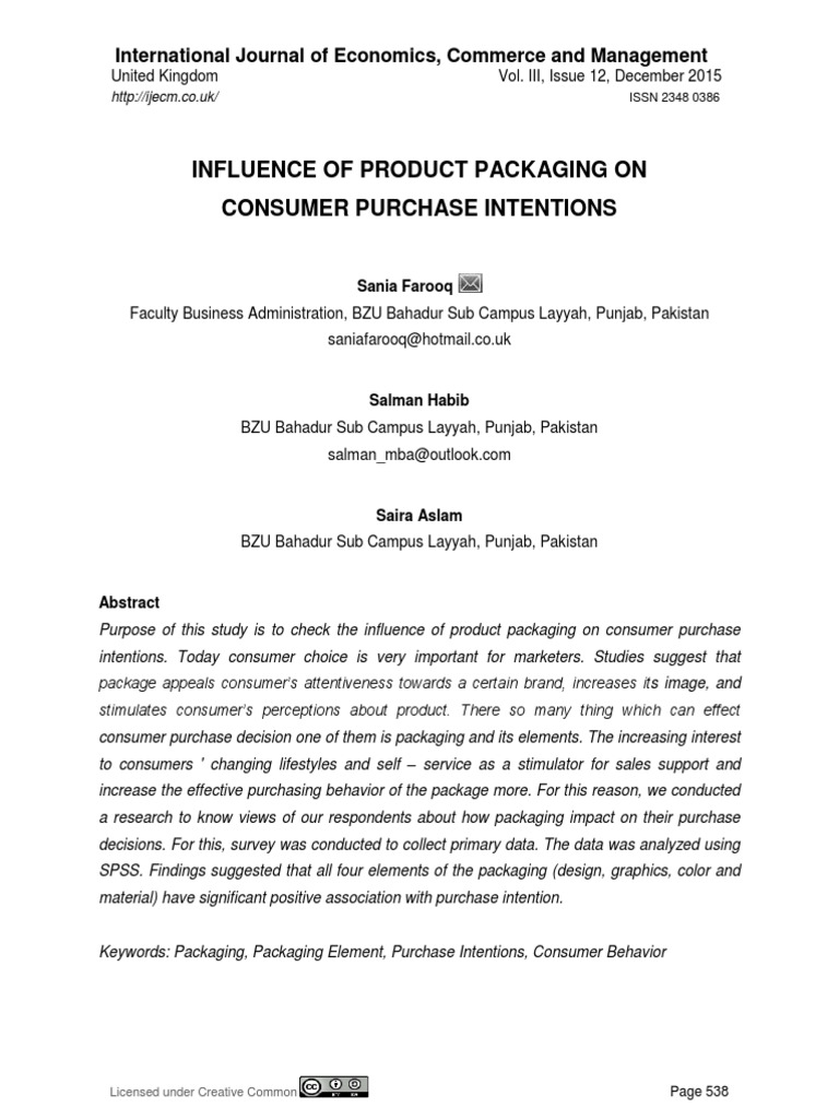 Influence of Product Packaging On Consumer Purchase Intentions PDF
