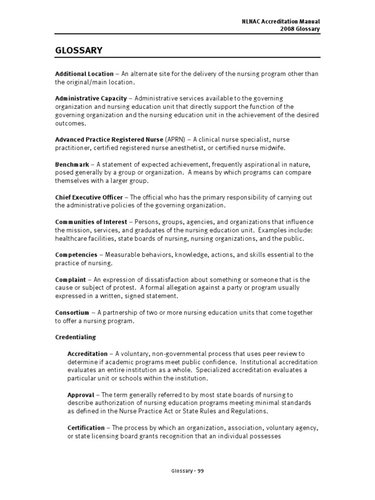 Glossary: NLNAC Accreditation Manual 2008 Glossary | PDF | Nursing ...