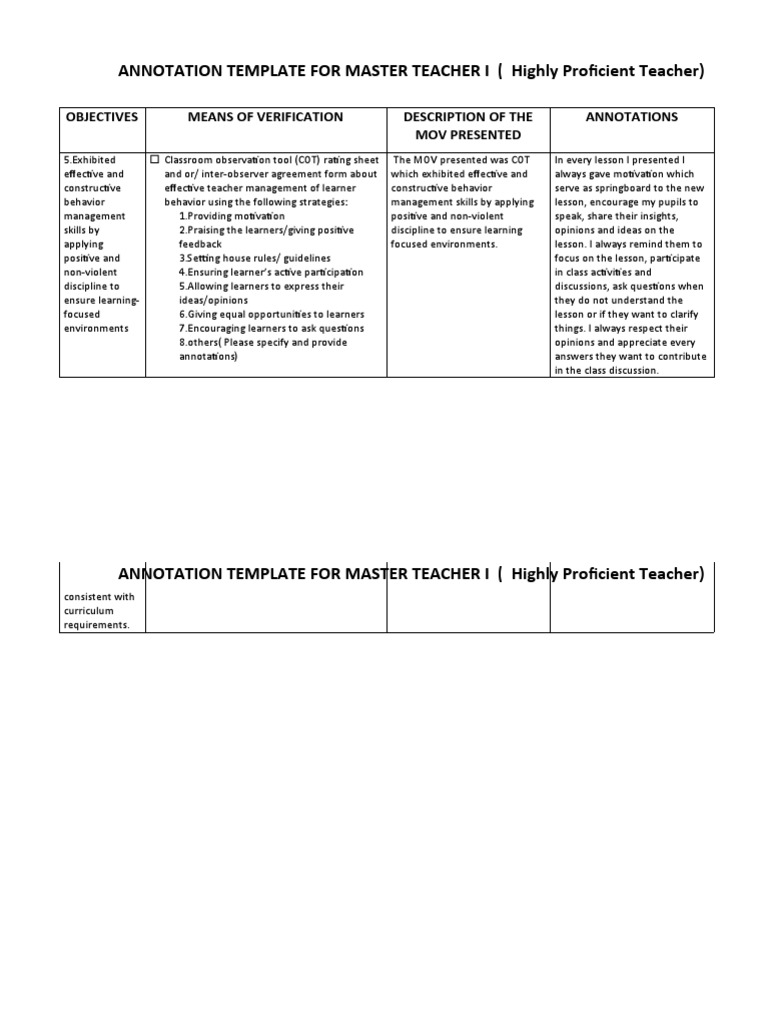Annotation Template For Master Teacher I PDF Educational Assessment