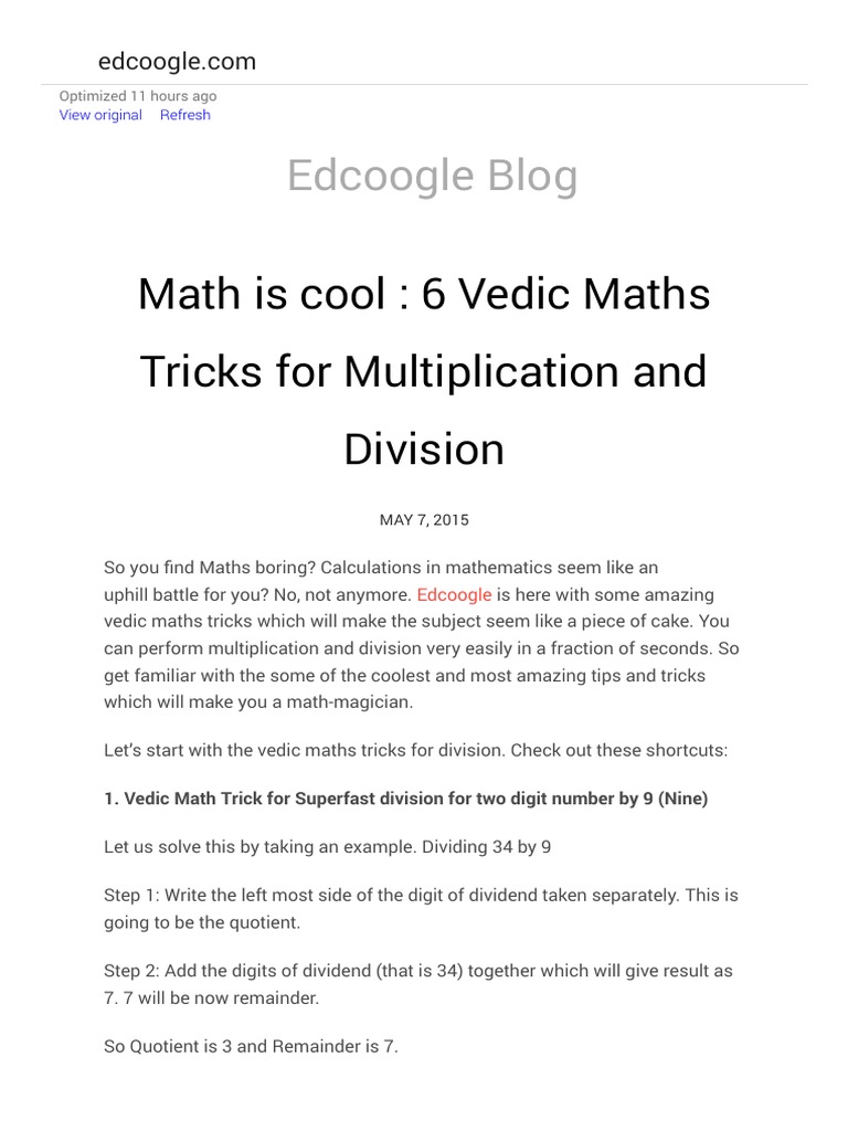6 Vedic Maths Tricks for Fast Calculations | PDF | Multiplication ...