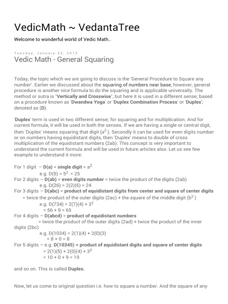 Vedic Math: Duplex Squaring Method | PDF | Numbers | Communication