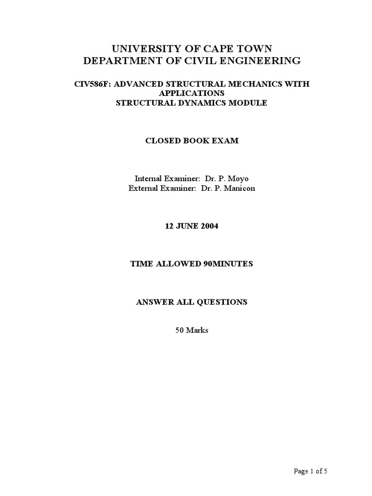 Advanced Structural Dynamics Exam Pdf Mechanics Motion Physics