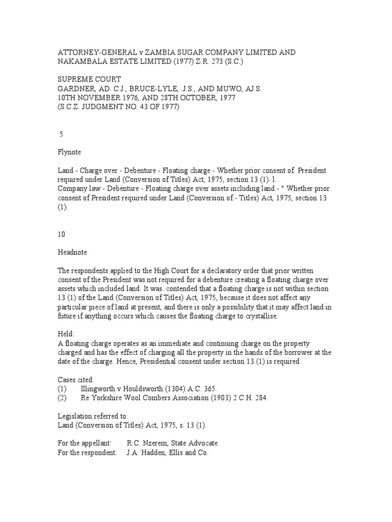 ATTORNEY GENERAL V ZAMBIA SUGAR | Download Free PDF | Deed Of Trust