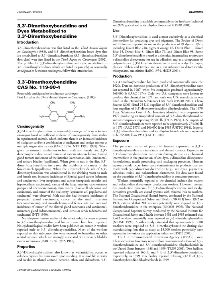 Carcinogen Profile: 3,3'-Dimethoxybenzidine | PDF | Carcinogen | Toxicity
