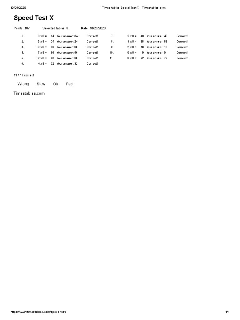 8 Times Tables Speed Test Results | PDF