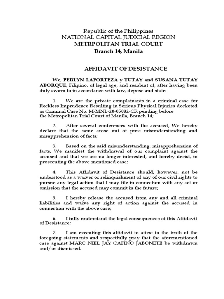 Affidavit of Desistance: Private Complainants Withdraw Criminal ...