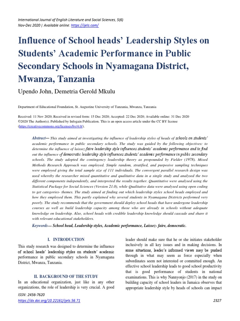 Influence of School Heads' Leadership Styles On Students' Academic ...