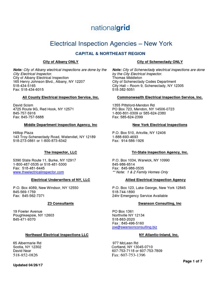 Electrical Inspection Agencies New York Capital & Northeast Region PDF