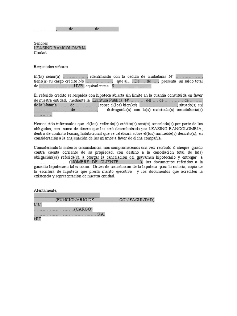 Carta de Compromiso Cancelacion de Hipoteca Otras Entidades PDF