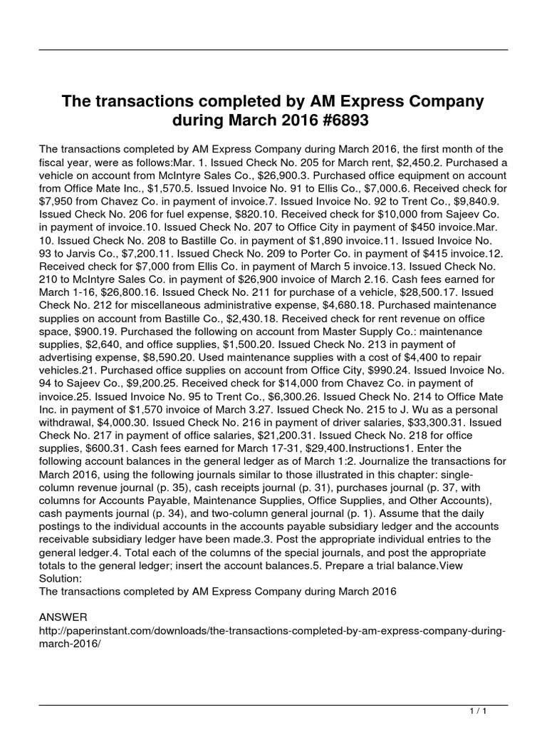 The Transactions Completed by Am Express Company During March 2016 ...