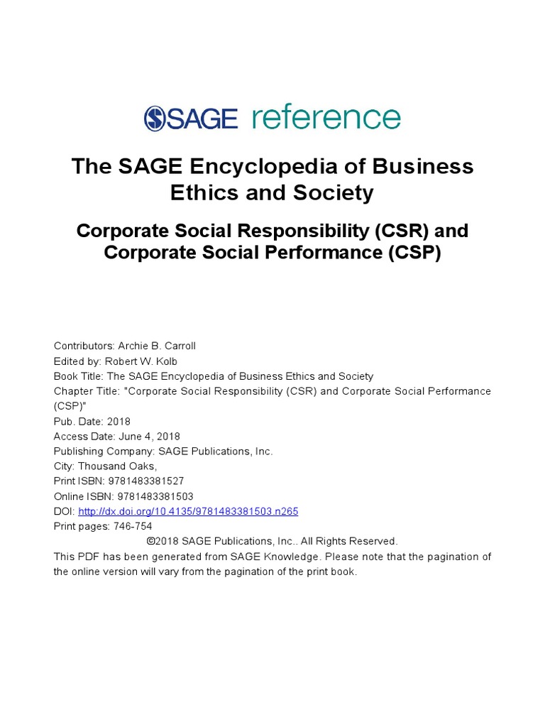 The SAGE Encyclopedia of Business Ethics and Society | PDF | Corporate Social Responsibility ...