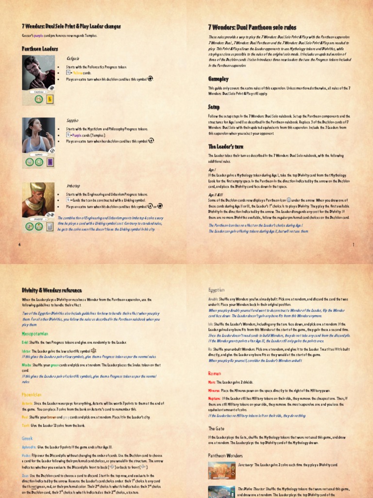 7 Wonders Duel Pantheon Solo Rulebook Printable V1 1 Leisure Sports