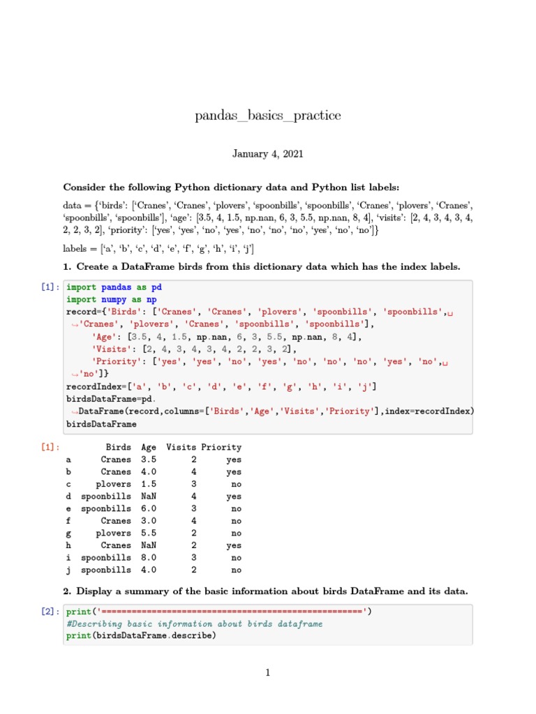 Pandas - Basics - Practice: Consider The Following Python Dictionary ...