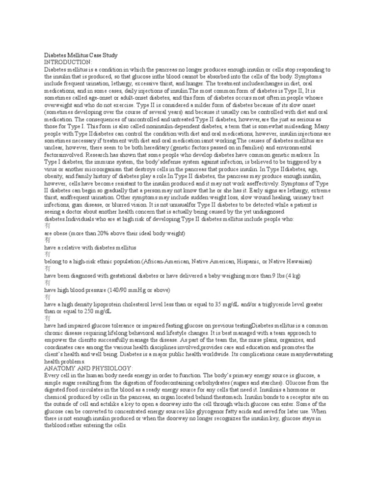 Diabetes Mellitus Case Study Diabetes Mellitus Type 2 Diabetes Mellitus