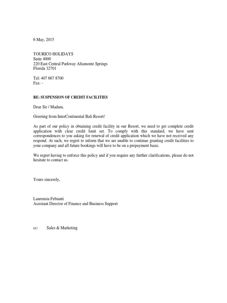 Suspension of Credit Facilities Letter PDF