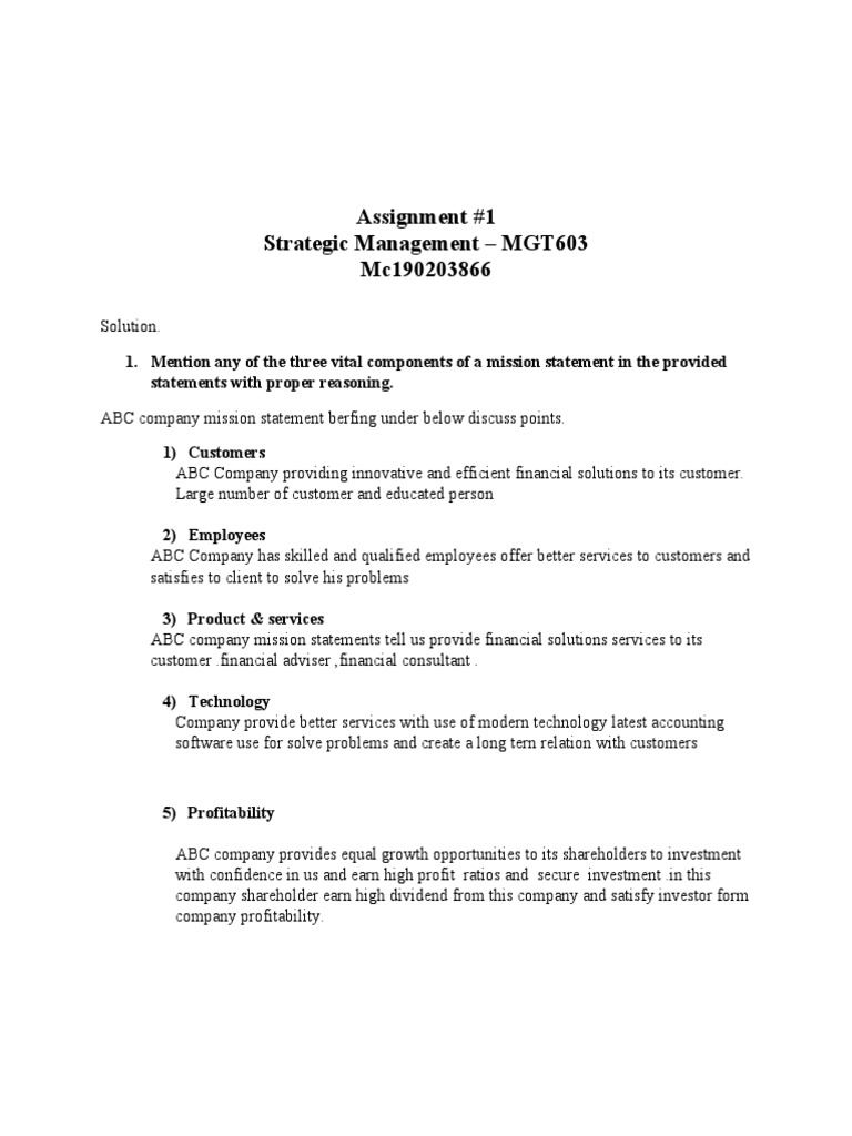 strategic management (mgt603) assignment no. 1 solution