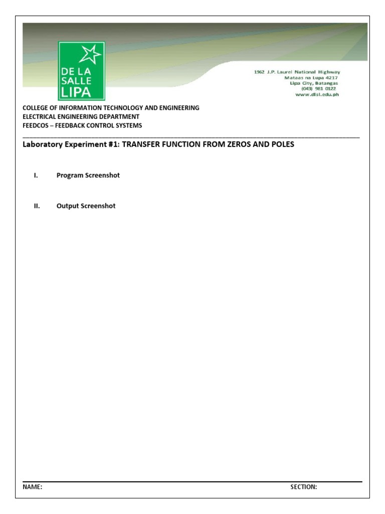 Laboratory Experiment #1: Transfer Function From Zeros and Poles | PDF ...