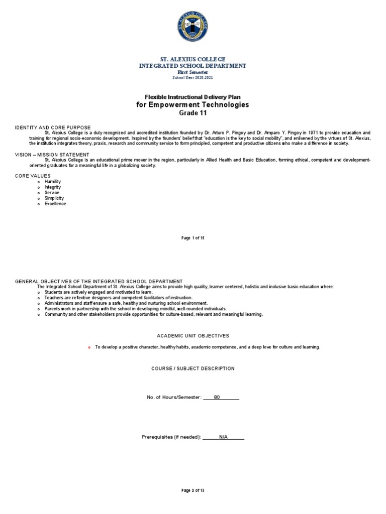 Empowerment Technologies Plan for Grade 11 | PDF | Educational ...