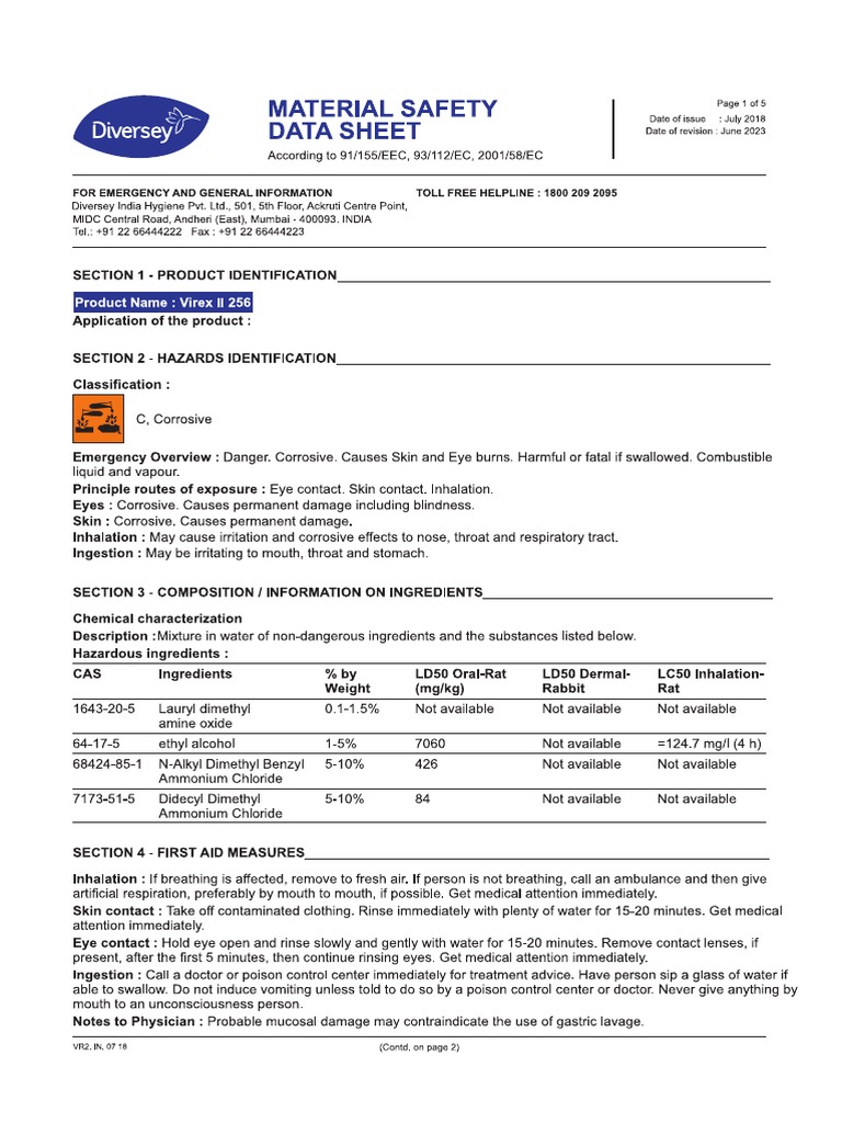 Diversey MSDS Virex Ii 256 PDF PDF